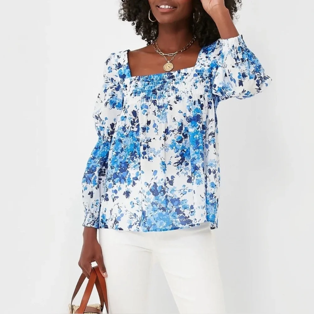 Tuckernuck Blue and White Floral Smocked Square-Neck Blouse